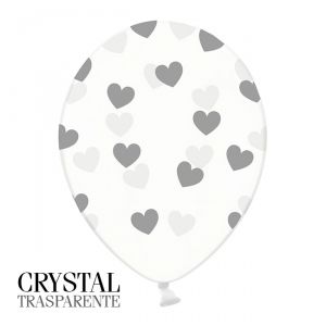 6 PALLONCINI CRYSTAL - CUORI ARGENTO - 30 cm