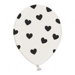 6 PALLONCINI PASTEL BIANCHI - CUORI NERI - 30 cm