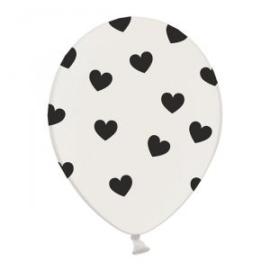 6 PALLONCINI PASTEL BIANCHI - CUORI NERI - 30 cm